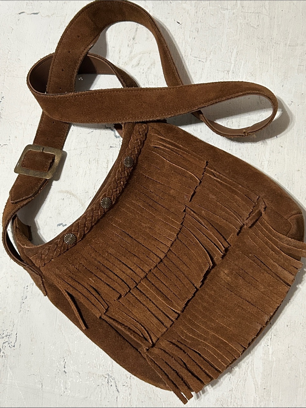Vintage Brown Suede Fringe Crossbody Bag - Women